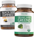 Black Seed Oil Gummis & Super Greens (1-Monat) - Daily Green Boost - Black Seed Oil Gummis Ginger Ale Flavor Cold-Pressed Nigella Sativa & Organic Super Greens Complete Super Food Supplement