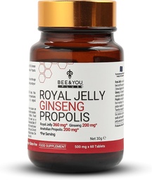 Biene und Sie Royal Jelly mit Ginseng Tablet, Propolis Extract, 60ct, 100% Natürliche Superfood, Ultra Pure, Immununterstützungsergänzung, Antioxidantien, Keto, Paleo, Glutenfrei