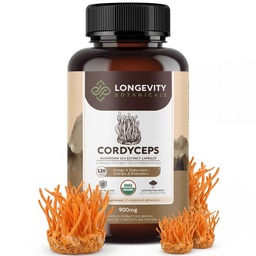 Organische Cordyceps Mushroom Capsules Supplement (120) | Pure Fruiting Body 10:1 High Strength Extract | 30% Beta-D Glucans | 9.000mg Raw Equivalent per Serving | Energy, Stamina & Oxygen Support