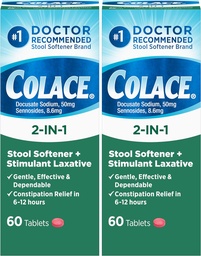 Colace 2-in-1 Hocker Softener Plus Stimulant Laxative für gentle Effective Constipation Relief, Docusate Sodium Plus Sennosides, 60 Count (Pack von 2)
