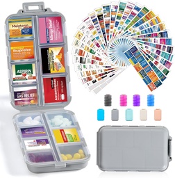 14 Grids Travel Pill Organizer Box mit 415-Pcs Medizin Name Labels - Pocket Daily Pharmacy Case Container - Travel Medication Holder Dispenser Kit für Fish Oil Vitamin Supplement Storage - Grau