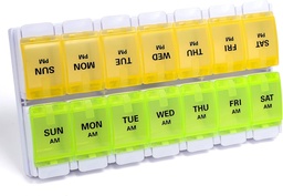 Sukuos AM Weekly Pill Organizer 7 Tage, 2 mal ein Tag Medizin Pille Box mit Easy Push Button, BPA kostenlose Vitamin Cases für Fischöl / Ergänzungen, einfach zu reinigen (Yellow&Green)
