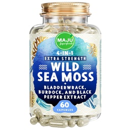 MAJU 4-in-1 Organic Sea Moss Capsules, Wild Chondrus Crispus, Seamoss w/Bladderwrack + Burdock Root, Stronger Than Gel, Irish, Sebi Inspired Raw Powder in Pillen, 500 mg Capsule (60 ct)