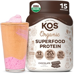 KOS Plant Based Protein Powder, Chocolate USDA Organic - Low Carb Pea Protein Blend, Vegan Superfood mit Vitaminen & Minerals - Keto, Soy, Dairy Free - Meal Replacement for Women & Men - 15 Servings