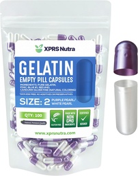 XPRS Nutra Größe 2 Leere Kapseln - 100 Count Leere Gelatine Kapseln - Pillen DIY Kapsel Füllung - Pure Bovine Pill Gel Kapseln für Do-It-Yourself Ergänzungen (Pearl Purple/White)