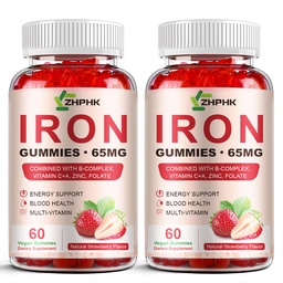Eisenergänzungsgummis für Frauen, Männer & Kinder, 65mg Eisen & 250mg Vitamin C pro Servieren - Gesundes Blut, Energie & Immununterstützung Eisen Vitamin Gummy mit Folate, 2 Pack