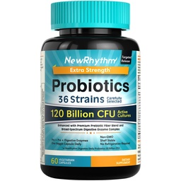 NewRhythm Probiotics 120 Milliarden CFU 36 Stämme, 3-in-1 Probiotika mit Präbiotika & Enzyme, Probioticos für Frauen & Männer, Vegan Targeted Release Supplement, 60ct