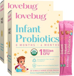 LOVEBUG Infant Probiotics 0-6 Monate - USDA Organic Probiotics for Babys, unterstützt Baby Gas, Colic, Durchfall und neugeborene Verstopfung Relief, Allergen & Sugar Free, Geschmackloses Pulver, 60 Pack