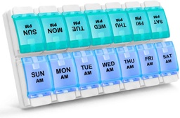 Sukuos AM Weekly 7 Day Pill Organizer, 2 mal ein Tag Pille Box mit Arthritis Friendly Push Button, Medizin Fälle für Vitamin/Fish Oil/Supplements, einfach zu reinigen (Cyan&Blue)