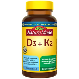 Nature Made Vitamin D3 K2 Supplement, 5000 IU (125 mcg) Vitamin D für Knochen, Zähne, Muskel- und Immununterstützung, 30 D3 und K2 Softgele, 30 Tage Versorgung