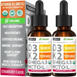 (2 Pack) Bio-Vitamin D3 K2 Tropfen 5000 IU mit MCT-Öl Omega 3 - maximale Stärke Flüssigkeit D3 ohne Füllstoffe, Non-GMO für schnellere Absorption, Immununterstützung (Strawberry, 2 Fl Oz)