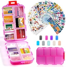 14 Grids Travel Pill Organizer Box mit 415-Pcs Medizin Name Etiketten - Pocket Daily Pharmacy Case Container Kit - Travel Medication Holder Dispenser für Fish Oil Vitamin Supplement Storage -Clear Pink