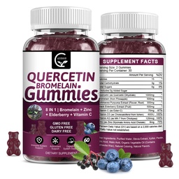 Quercetin-Gummien mit Bromelain 2378mg - Mischung mit Elderberry, Echinacea Purpurea Extract, Zink, Vitamin C,D3,K2, Complex unterstützt Immun, Herz-Kreislauf- & Atemwege, Vegan Gummy für Erwachsene & Kinder