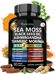 Adndale Sea Moss Black Seed Oil Ashwagandha Ginger Kapseln. SeaMoss Capsules with Black Seed Oil, Ashwagandha, Turmeric, Moringa, Bladderwrack, Burdock Root, Manuka Honey, Cinnamon