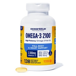 Oceanblue Professional Triple Strength Omega DPA Fish Oil Supplements 2100mg, High Potency EPA DHA, Wild Caught, Burpless, 69 Servierungen (138 Count Natural Orange Flavor)