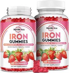 Eisengummis - mit Kalzium, Zink, Folat & Vitamin B12, C, B6 für Erwachsene & Kinder - Blut-Erbauer & Energie-Unterstützung für Eisenmangel, Anämie, Vegan - 2 Pack Erdbeer-Flavour,60 Gummis