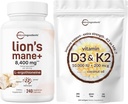 Vitamin D3 10.000iu + K2 200mcg Kokosöl Softgels & Lions Mane Supplement 240 Veggie Kapseln Bundle 2 Pack | Essential Sunshine Vitamine | Superfood Pilz Antioxidantien mit L-