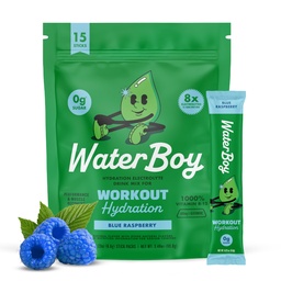 Waterboy Workout Hydration | 2,960mg Zuckerfreie Elektrolytpulverpakete | L-Glutamin + Vitamine | Kein Zucker, ganz natürlich, glutenfrei | 15 Drink Stick Mixes (Blue Raspberry)
