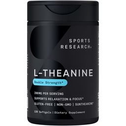 Sportforschung Doppelstärke L-Theanin Supplement - Suntheanin Softgels für Fokus, Entspannung und Alarm - Nicht-schläfrige Unterstützung mit Kokosöl, Nicht-GVO & Glutenfrei - 200mg, 120 Count