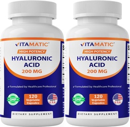 Vitamatic 2 Pack Hyaluronsäure-Ergänzungen 200mg - Unterstützt gesundes Bindegewebe und Gelenke - Förderung jugendlicher gesünder Haut - Insgesamt 240 Kapseln