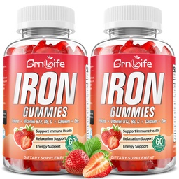 Eisengummis für Frauen, Männer & Kinder, Zuckerfreie Eisenergänzung mit Kalzium, Zink, Folat & Vitamin B12, C, B6 - für Blood Building & Energy Support, Anemia, Erdbeere, 120 Count