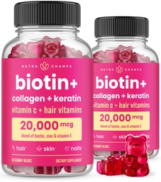 NutraChamps Hair Skin & Nails Gummis, Biotin mit Collagen & Keratin, 5000mcg Biotin Beauty Complex, Vitamin Supplement, Berry, 120 Count, Gesundes Haar, Radiant Skin & Strong Nails (Pack von 2)