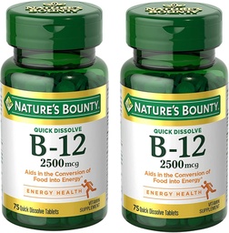 Nature's Bounty Vitamin B12 2500 mcg, Cellular Energy Support, for Energy Metabolism, Heart & Nervous System Health, 75 Quick Dissolve Tablets (Pack von 2)