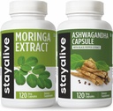 STAY ALIVE Moringa und Ashwagandha Bundle w/Black Pepper Extract, 240 Vegan Pillen, Non-GMO & Gluten Free Ashwagandha Moringa Supplement 2 Pack