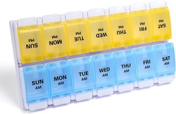 Sukuos AM Weekly Pill Organizer 7 Day, 2 mal ein Tag Medizin Pille Box mit Easy Push Button, BPA kostenlose Vitamin Cases für Fischöl/Supplements, einfach zu reinigen (Yellow&Blue)