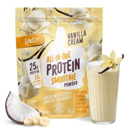 FlavCity Vanille All in One Protein Shake Pulver - On the Go Mahlzeit Alternative + Kollagen Peptide, Reishi & Cordyceps - Fokus, Haut, Haar & Joint Support - 100% Gras Fed Molke, 20 Portionen