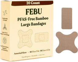 FEBU Eco-Friendly Large Bamboo Bandages | PFAS Freie Bandagen für Scrapes & Cuts | Flexible Stoffbandage | Fully Compostable, Latex Free Bandage | 20 Count Large