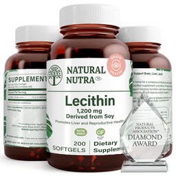 Natural Nutra Soy Lecithin 1200 mg Nahrungsergänzungsmittel - Gehirnfunktion, Lebergesundheit, Verbesserung der Procreant Gesundheit, Boosting Supplement - Glutenfrei, BPA-frei, 200 Softgele in recycelbaren Glasflaschen