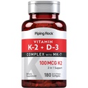 Piping Rock Vitamin K2 D3 Supplement | 100 mcg | 180 Softgels | Komplex mit MK7 | Nicht-GVO, glutenfrei
