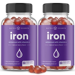 NutraChamps Eisen-Gummien mit Vitamin C, 20mg Eisen-Blutzellen-Formation Unterstützung, 120 Gummis für Eisenmangel & Anämie, Energie, Fokus, Immun-Boost-Pack von 2