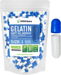 XPRS Nutra Größe 1 Leere Kapseln - 500 Graf Leere Gelatine Kapseln - Pille DIY Kapsel Füllung - Pure Bovine Pill Gel Kapseln für Do-It-Yourself Ergänzungen (blau/weiß)