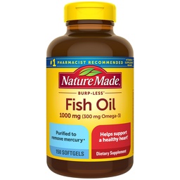 Natur gemacht Burp Weniger Fischöl Omega 3 Ergänzungen, 1000mg Softgels, Omega 3 Fischöl Ergänzungen für gesunde Herzunterstützung, 150 Softgels, 75 Tage Versorgung