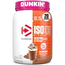 Dymatize x Dunkin' Mocha Latte ISO100 Whey Protein Powder, 95mg Caffeine, 25g Protein, 5.5g BCAAs, 120 Cal., Glutenfrei, 1g Fett, 1g Zucker, 3g Carb (20 Servierungen)