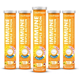 nutrazul Immun Triple Action Brausetabletten mit Vitamin C 1000mg, Vitamin D, Zink, Support Daily Routine, Glutenfrei, Zuckerfrei, Lactosefrei, Orange Flavor, 20 Tabletten (Pack mit 5x20)