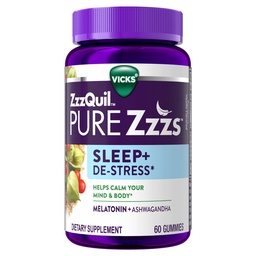 ZzzQuil PURE Zzzs De-Stress 2mg Melatonin Gummies, Schlafmittel für Erwachsene, Ashwagandha für Stressunterstützung, 60 Gummies
