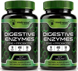 Verdauungsenzyme mit Probiotika und Präbiotika, 450mg, 5 Billion CFUs - Pure Super Digestion Capsules - Verdauungsenzyme für Frauen und Männer unterstützen Verdauung & Gut Gesundheit - 120 Count (Pack von 2)