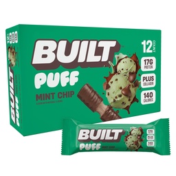 Erbaute Bar, Puff Protein Bars, Mint Chip Puff, 17g Protein Snacks, On-The-Go Bars, Nur 140 Kalorien, 6g Zucker, Kollagen, Glutenfrei, 12 Zähler
